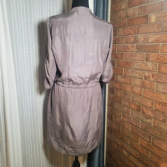 Michael Kors Silk Shirt Dress Taupe - 3/4 Button Tab Sleeves Cinch Waist - Sz M - Picture 6 of 11